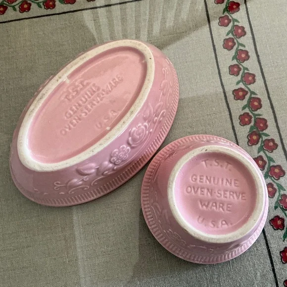 Vintage Taylor Smith Taylor TST Genuine Oven Serve Ware Pink Bowls USA Set of 2 - Picture 12 of 15